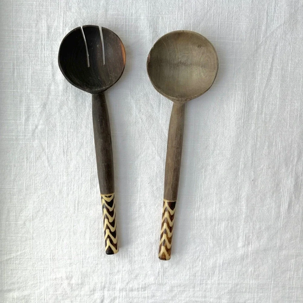 Vintage Salad Servers Wooden Serving‎ Spoon Fork Set Decorative Inlay African
